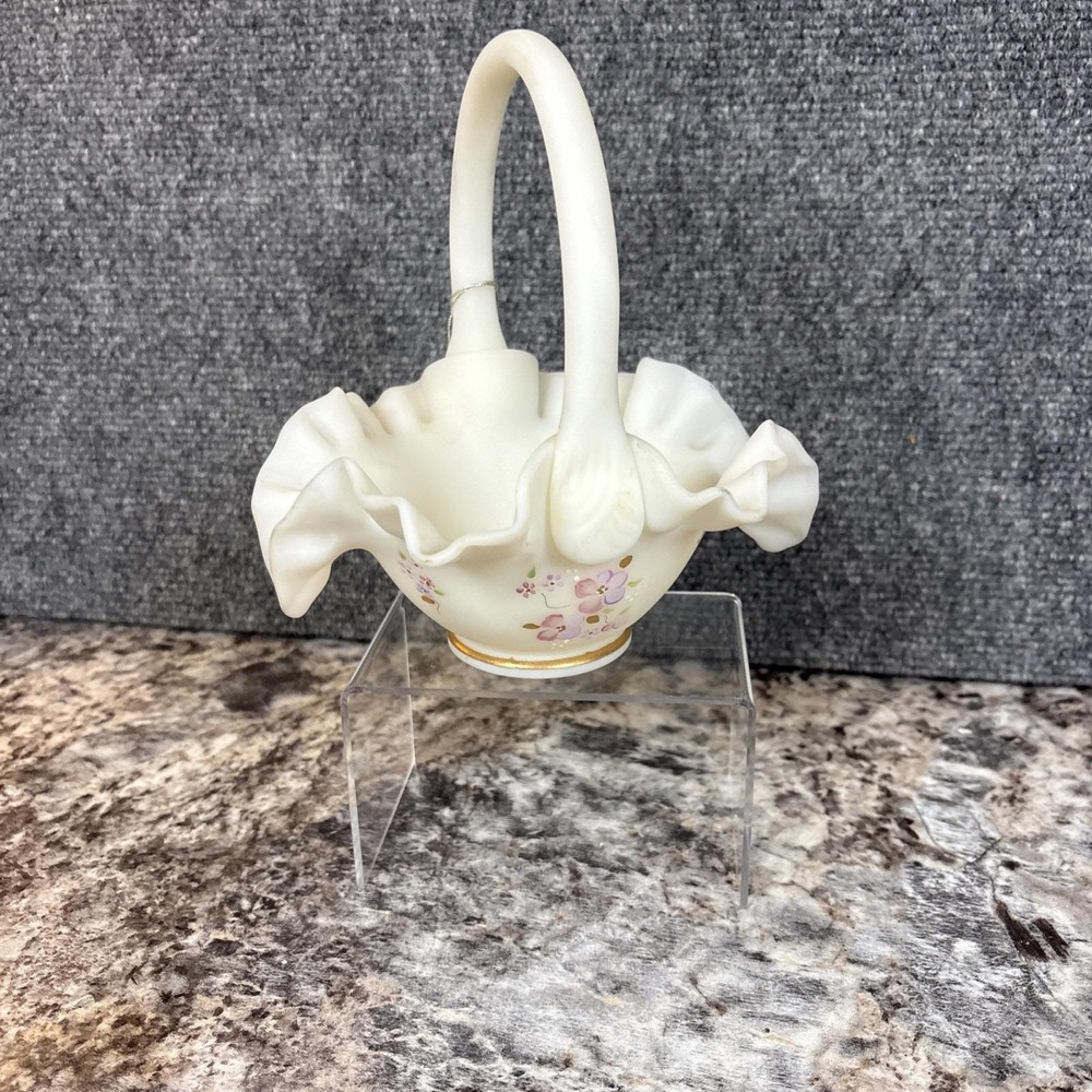 Fenton~Custard Ruffled Basket~Hand Painted~Signed~Floral Satin Glass 8"